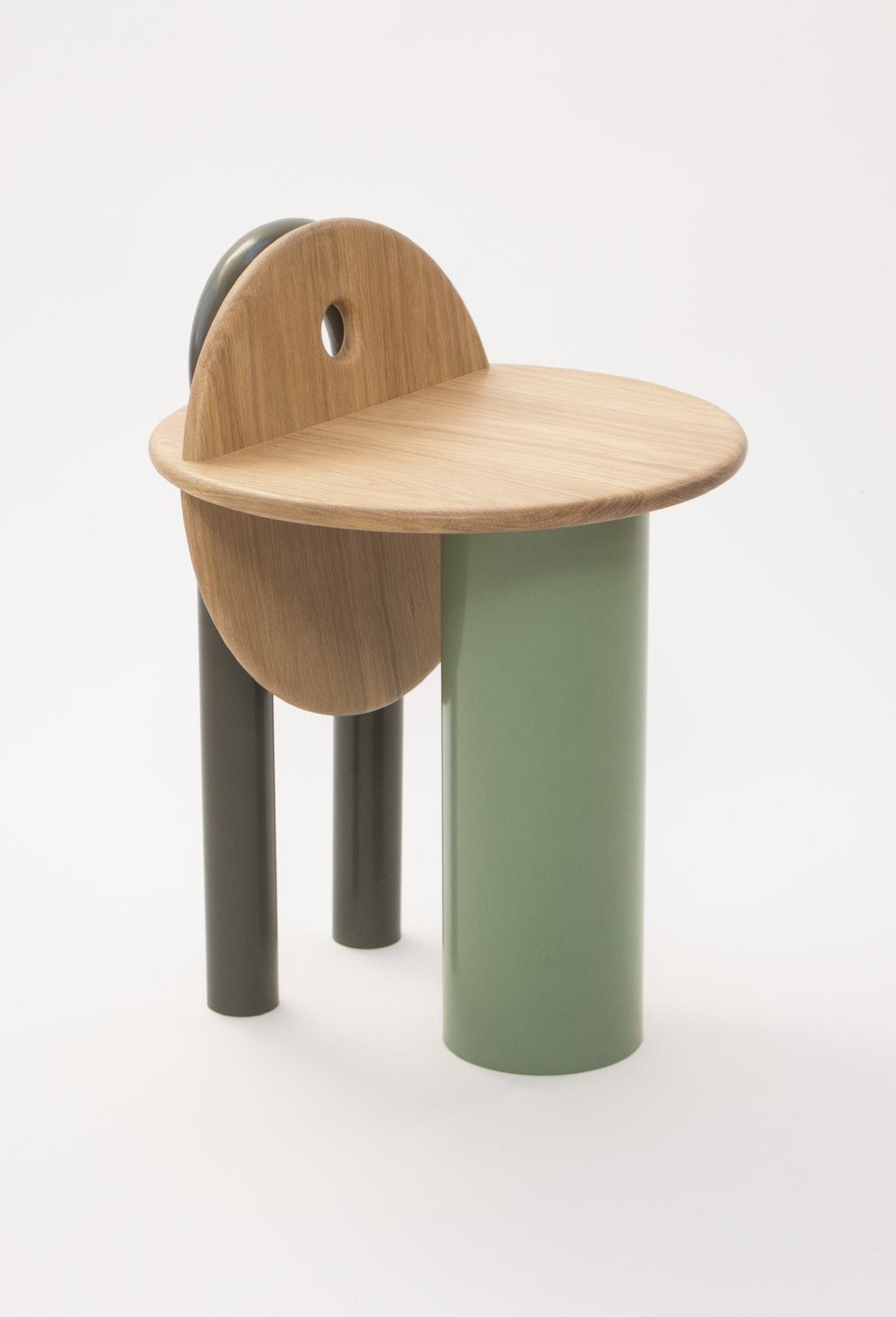 Workshop Stool, oak seat with a round backrest, green and olive steel legs