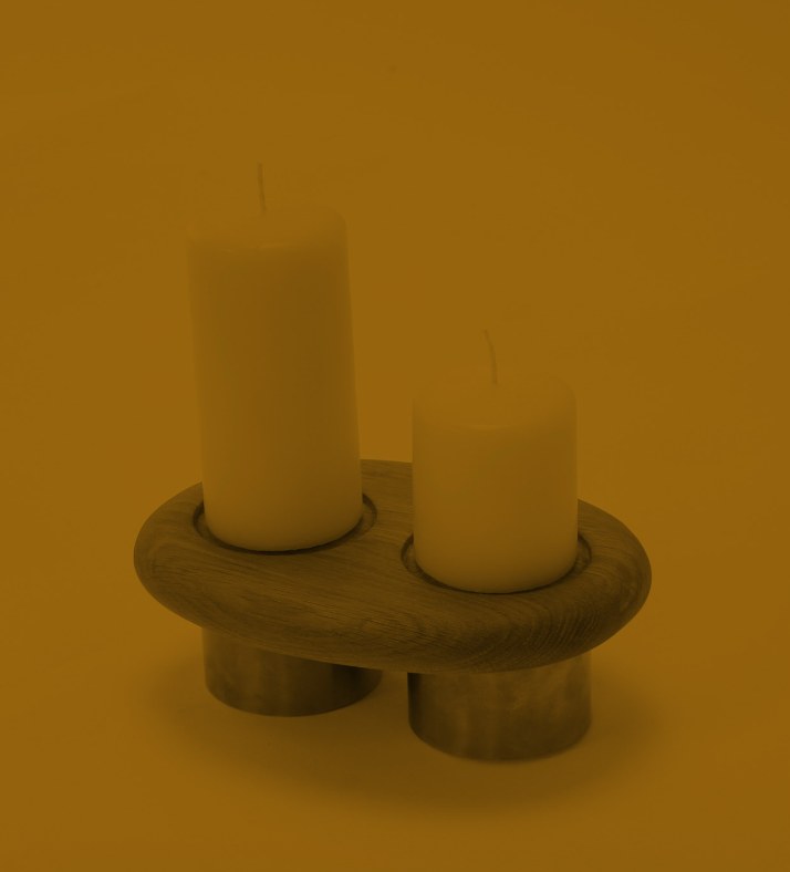 Coalesce double candle holder, oak base on two steel legs